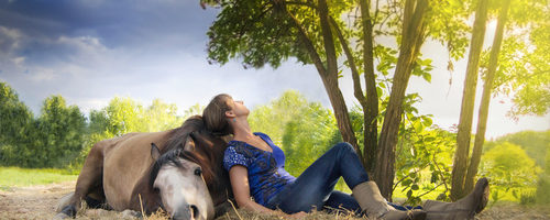 woman resting ,horse lying, outdoors under tree in sunset 