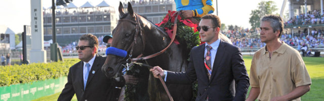 Kentucky Derby winner American Pharoah LOUISVILLE, KY - MAY 2 : Justin Zayat leads American Pharoah with Victor Espinoza up to winners circle after winning the Kentucky Derby at Churchill Downs Race Track on May 2, 2015 (Photo by Horsephotos/Getty Images) 