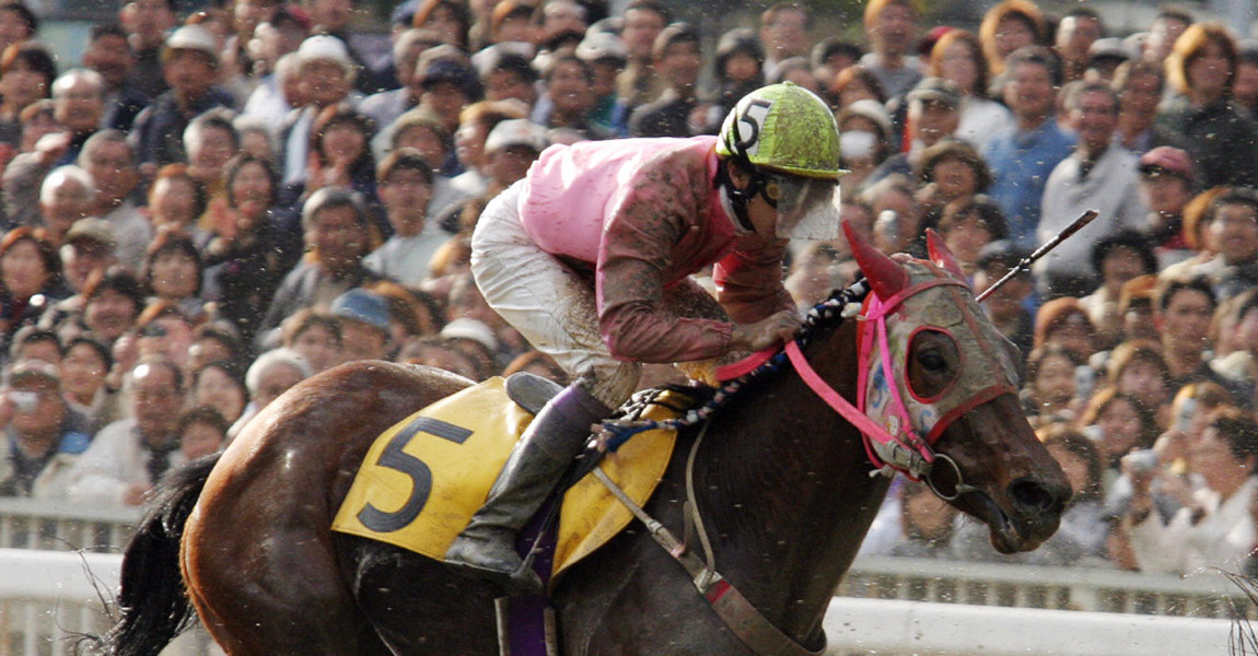 Racehorse Haruurara KOCHI, JAPAN - MARCH 22: Jockey Yutaka Take riding Haruurara competes in the race at the Kochi Racecourse on March 22, 2004 in Kochi, Japan. (Photo by The Asahi Shimbun via Getty Images) 