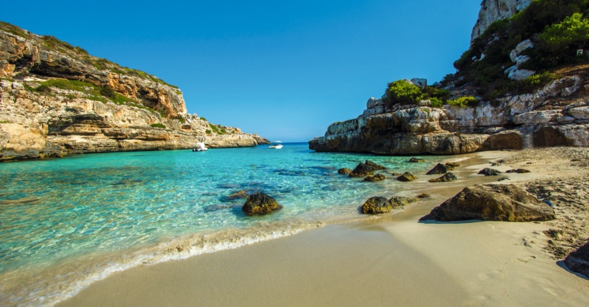 Best,Mallorca,Beach,Panorama,View,Of,The,Bay,At,Cala Best Mallorca Beach panorama view of the bay at Cala S'Almunia in Majorca island, Spain Mediterranean Sea, Balearic Islands 