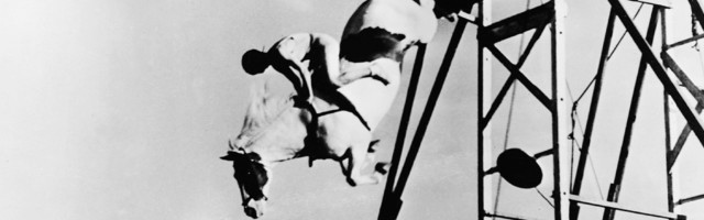 Sonora Carver High-Dives On Horseback Circus performer Sonora Carver attempts a stunt high-dive on horseback, jumping toward a swimming pool below, 1961. (Photo by Hulton Archive/Getty Images) 