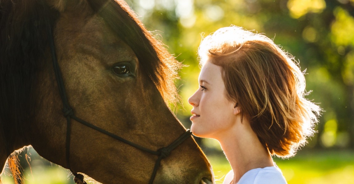 Profiles of young woman and horse at backlight Deutschland, Bayern, Oberbayern, Glonn, Junge Frau und Pferd 