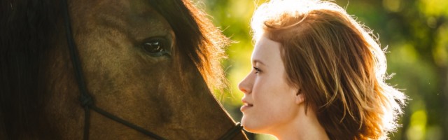 Profiles of young woman and horse at backlight Deutschland, Bayern, Oberbayern, Glonn, Junge Frau und Pferd 